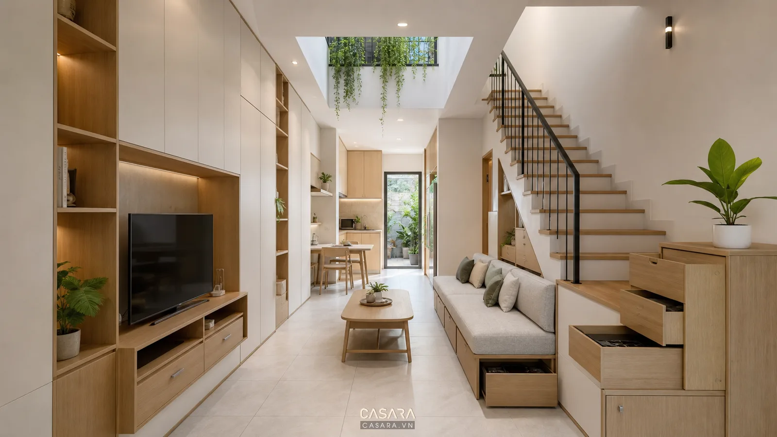 Nhà hẹp có lưu trữ dưới cầu thang, sofa gọn và giếng trời lấy sáng