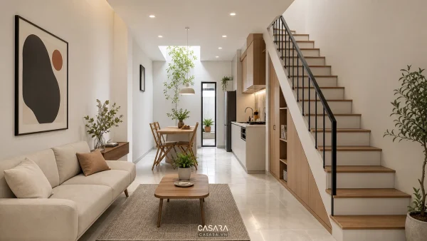 Tầng trệt nhà hẹp mặt tiền 3m liên thông phòng khách, bếp và cầu thang
