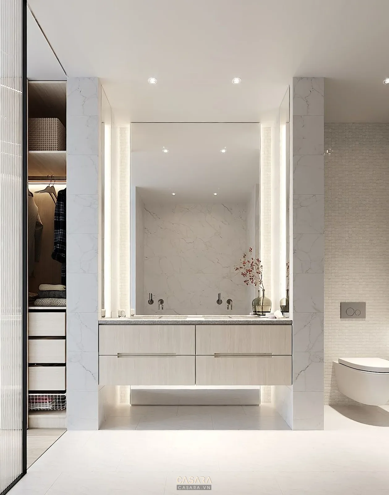 tủ lavabo nhà vệ sinh chung cư có ngăn kéo gương đèn và phụ kiện gọn gàng
