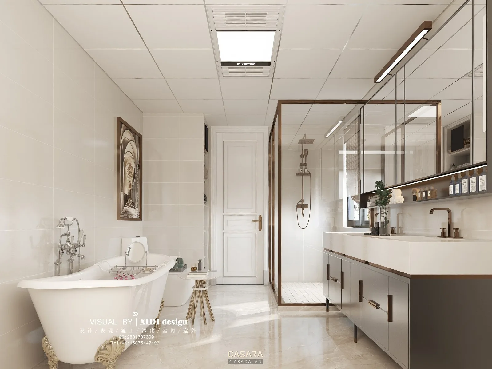 Phòng tắm tân cổ điển với bồn nằm và tủ lavabo dài