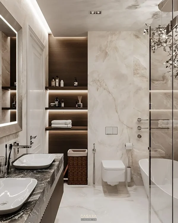 Ảnh nhà tắm phong cách Bắc Âu melamine ánh sáng mở với lavabo, gương, cabin kính, bồn tắm hoặc mảng đá ốp trong thư viện Casara.