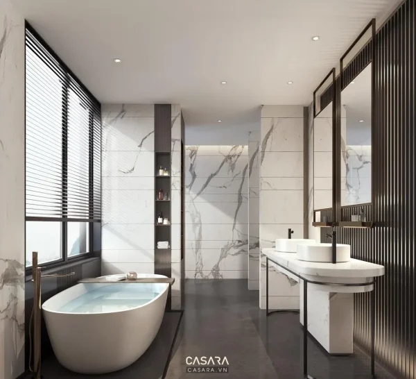 Ảnh nhà tắm phong cách cao cấp góc rộng với lavabo, gương, cabin kính, bồn tắm hoặc mảng đá ốp trong thư viện Casara.