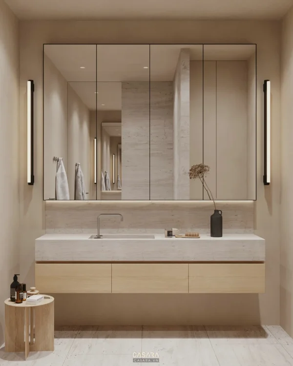Ảnh nhà tắm phong cách cao cấp xu hướng 2026 với lavabo, gương, cabin kính, bồn tắm hoặc mảng đá ốp trong thư viện Casara.