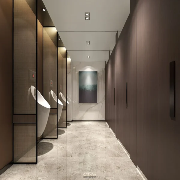Ảnh nhà tắm phong cách cao cấp xu hướng 2026 với lavabo, gương, cabin kính, bồn tắm hoặc mảng đá ốp trong thư viện Casara.