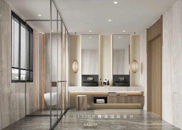 Ảnh nhà tắm phong cách 60m2 sang trọng với lavabo, gương, cabin kính, bồn tắm hoặc mảng đá ốp trong thư viện Casara.