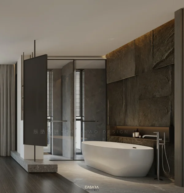Ảnh nhà tắm phong cách 60m2 sang trọng với lavabo, gương, cabin kính, bồn tắm hoặc mảng đá ốp trong thư viện Casara.