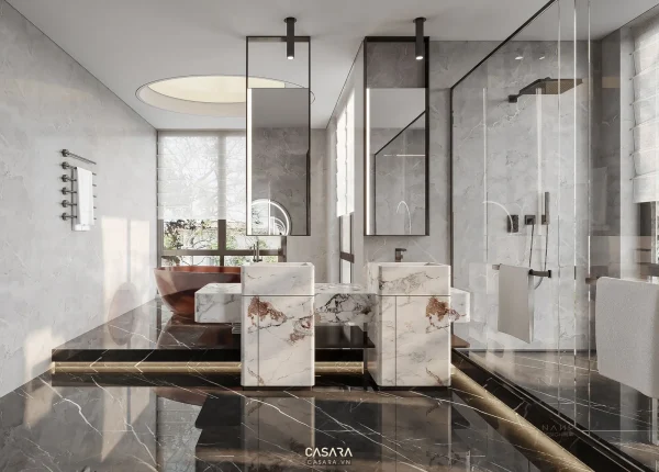 Ảnh nhà tắm phong cách hiện đại với lavabo, gương, cabin kính, bồn tắm hoặc mảng đá ốp trong thư viện Casara.