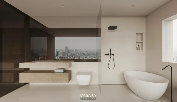 Ảnh nhà tắm phong cách hiện đại tân cổ điển với lavabo, gương, cabin kính, bồn tắm hoặc mảng đá ốp trong thư viện Casara.