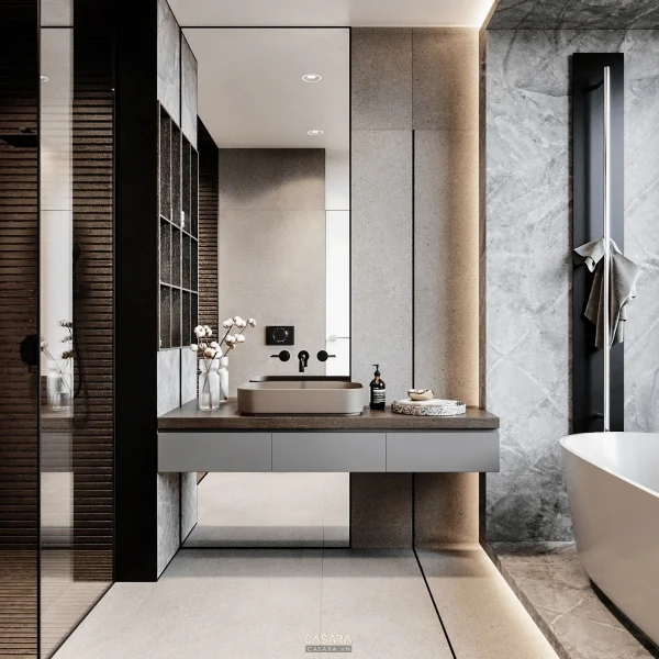 Ảnh nhà tắm phong cách hiện đại tối ưu công năng với lavabo, gương, cabin kính, bồn tắm hoặc mảng đá ốp trong thư viện Casara.
