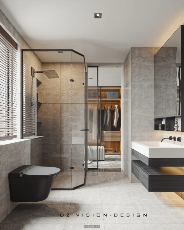 Ảnh nhà tắm phong cách hiện đại tối ưu công năng với lavabo, gương, cabin kính, bồn tắm hoặc mảng đá ốp trong thư viện Casara.