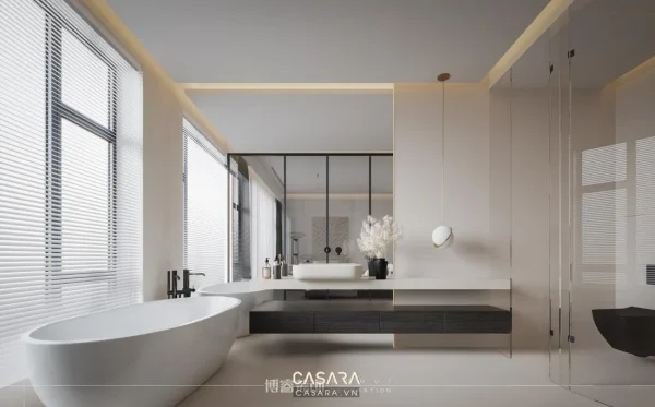 Ảnh nhà tắm phong cách luxury gỗ tự nhiên với lavabo, gương, cabin kính, bồn tắm hoặc mảng đá ốp trong thư viện Casara.