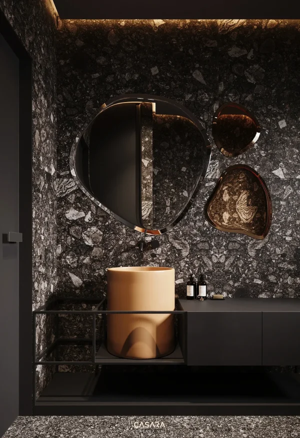 Ảnh nhà tắm phong cách melamine nâu ấm với lavabo, gương, cabin kính, bồn tắm hoặc mảng đá ốp trong thư viện Casara.