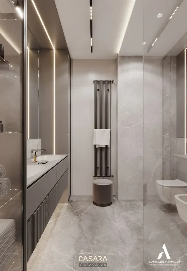 Ảnh nhà tắm phong cách sang trọng đá marble với lavabo, gương, cabin kính, bồn tắm hoặc mảng đá ốp trong thư viện Casara.