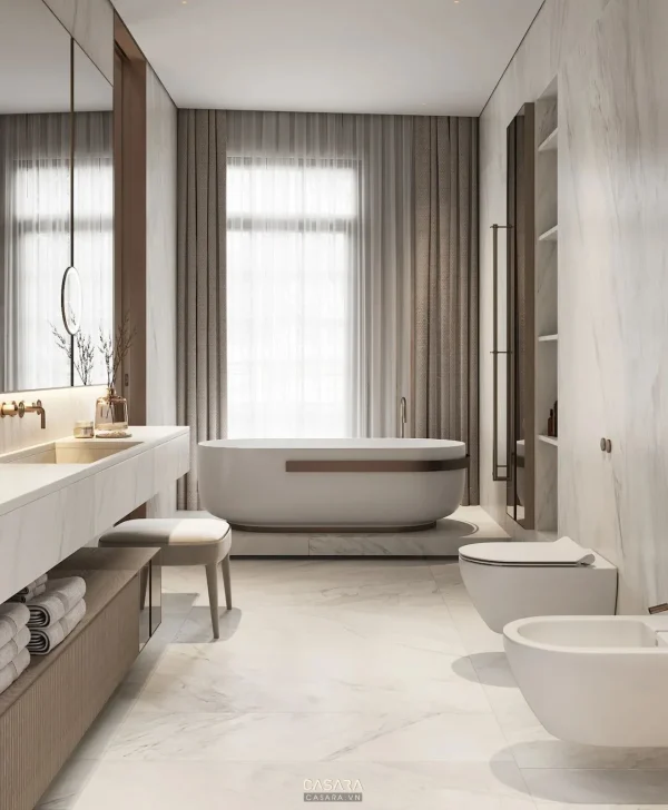 Ảnh nhà tắm phong cách tân cổ điển nhà phố với lavabo, gương, cabin kính, bồn tắm hoặc mảng đá ốp trong thư viện Casara.