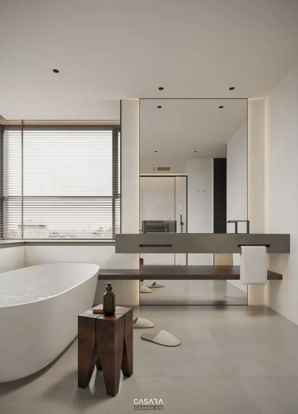 Ảnh nhà tắm phong cách tối giản vàng kem với lavabo, gương, cabin kính, bồn tắm hoặc mảng đá ốp trong thư viện Casara.