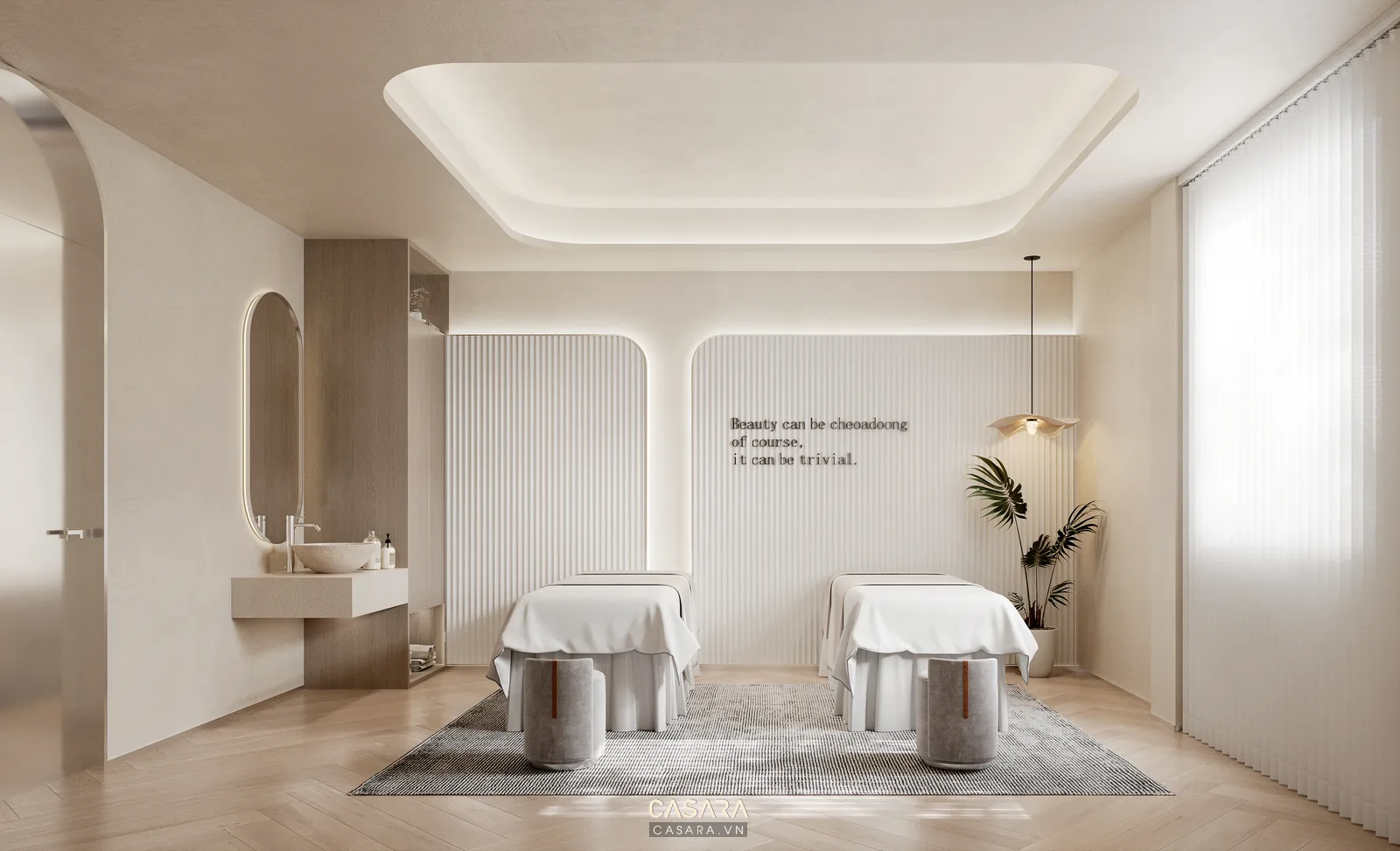 Phòng spa sáng màu với giường trị liệu, vách cong, ánh sáng hắt và vật liệu sạch dễ vệ sinh.