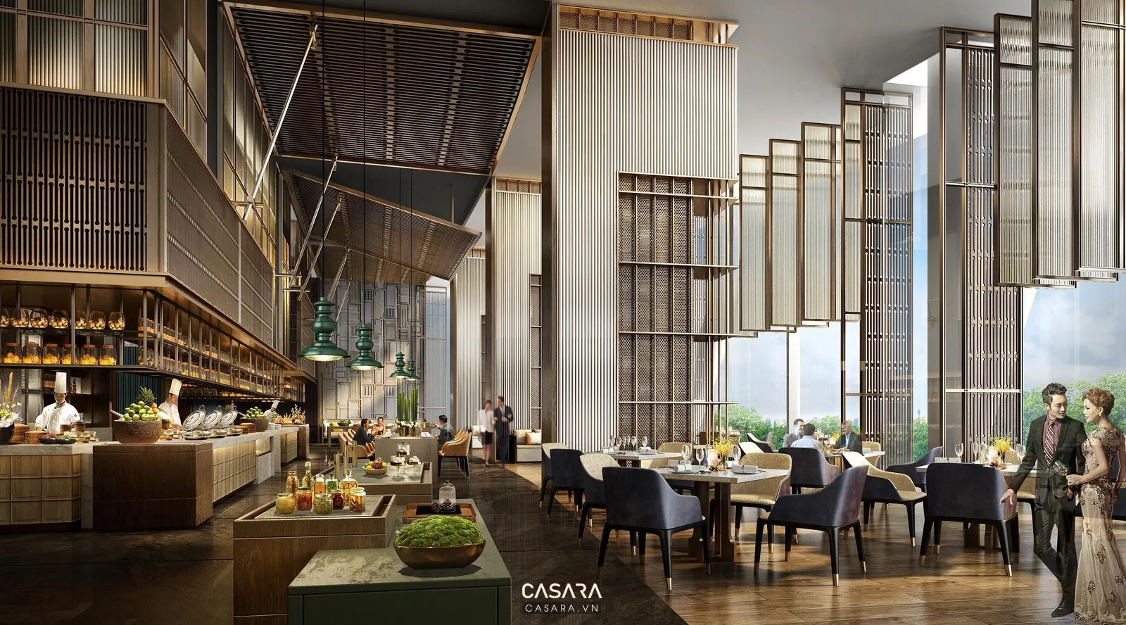Nhà hàng cao cấp thiết kế đẹp với bàn ăn riêng tư, ghế nệm tối màu, đèn thả, vách gỗ đá và ánh sáng ấm.