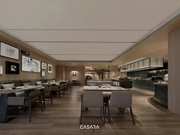 Không gian ăn uống hiện đại với bàn ghế, quầy buffet và hệ đèn trần