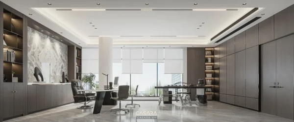 Ảnh phòng giám đốc với bàn làm việc, ghế tiếp khách và vách kính văn phòng trong thư viện Casara.
