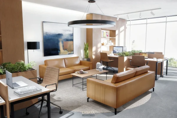 Ảnh phòng giám đốc phong cách 60m2 sang trọng với bàn làm việc, ghế tiếp khách và vách kính văn phòng trong thư viện Casara.