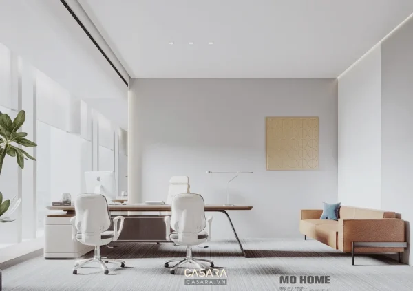 Ảnh phòng giám đốc phong cách hiện đại tối ưu công năng với bàn làm việc, ghế tiếp khách và vách kính văn phòng trong thư viện Casara.