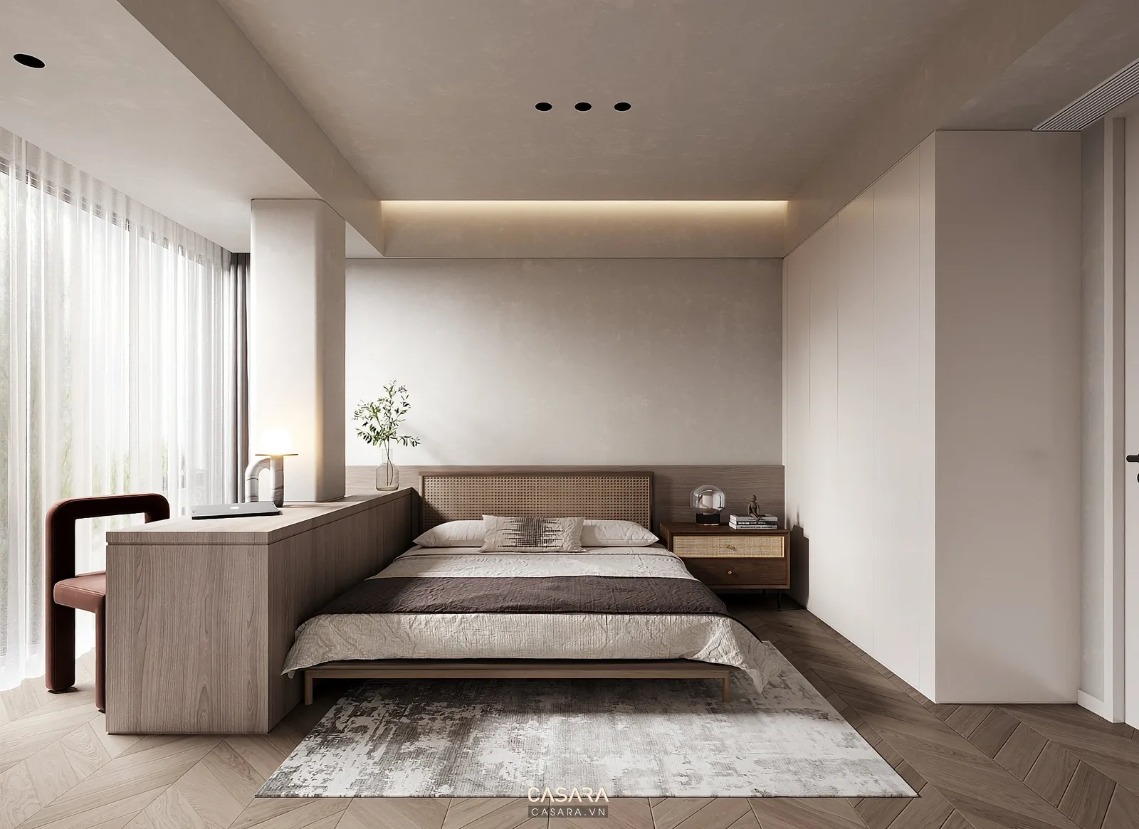 Không gian căn studio có phòng ngủ mở nhìn từ khu tiếp khách và hệ nội thất gọn