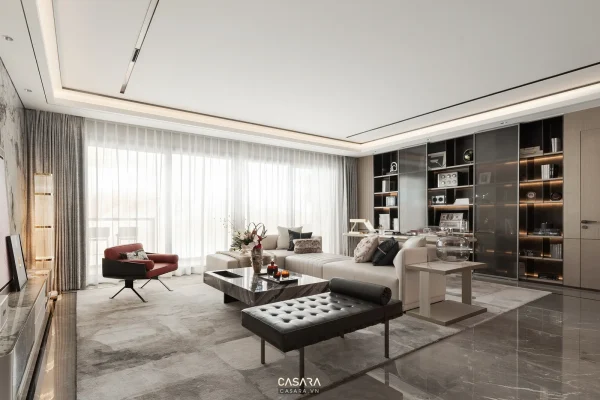 Phòng khách rộng với sofa, bàn trà và tủ kệ âm tường đồng bộ