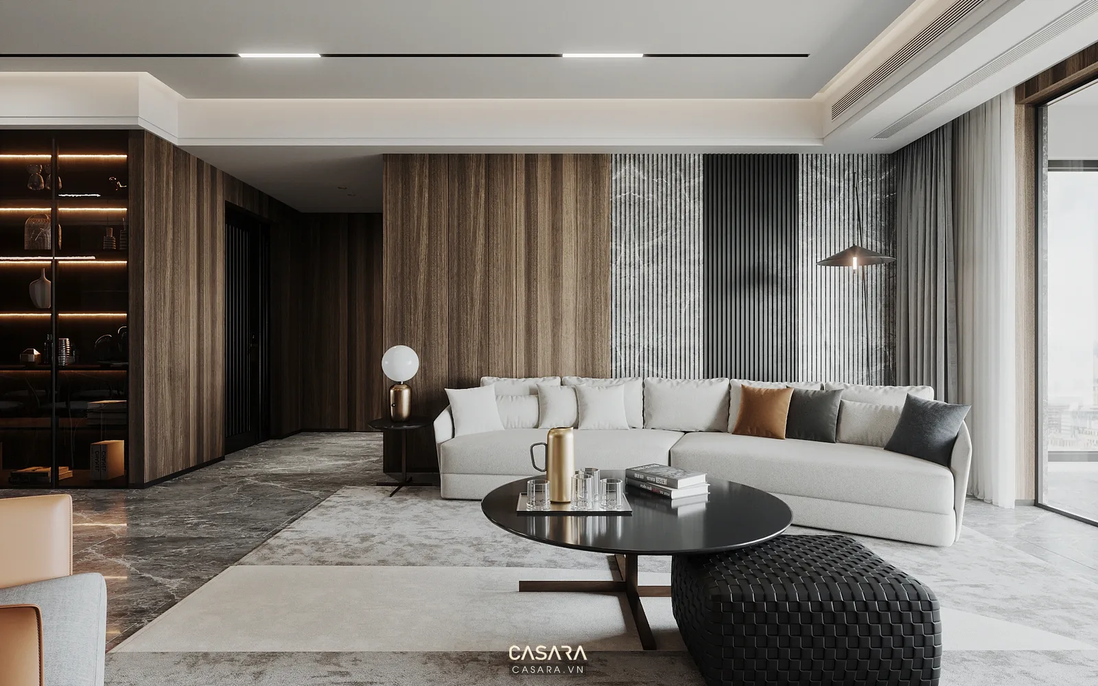 Thiết kế nội thất biệt thự gỗ óc chó phòng khách rộng với vách tivi sofa da và bàn trà sang trọng