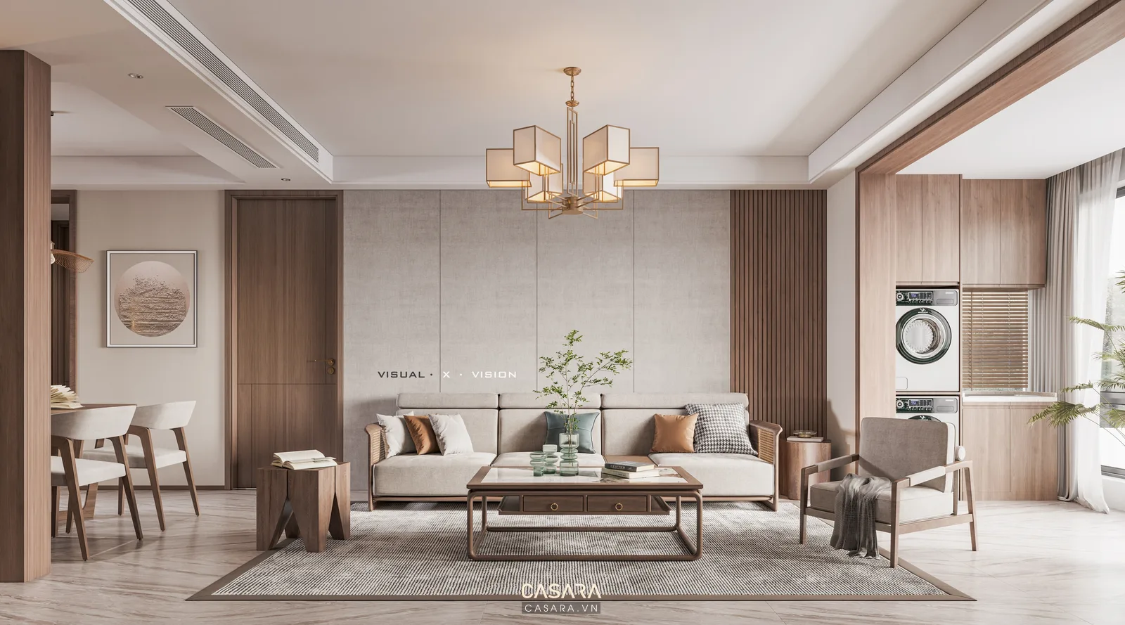 Ảnh phòng khách với sofa, bàn trà, vách tivi, tủ kệ và ánh sáng tự nhiên trong thư viện Casara.