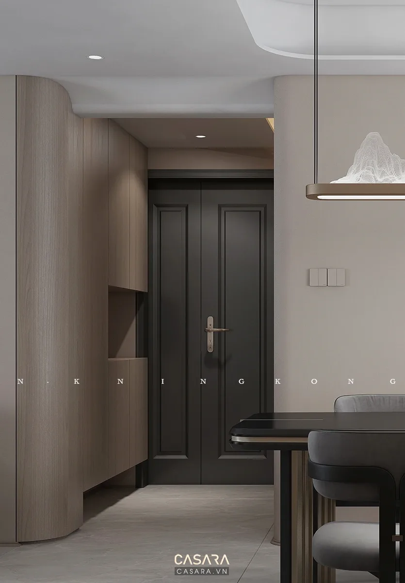 Phòng khách Bắc Âu sáng màu với sofa, bàn trà, kệ tivi và cửa kính lớn gợi ý thiết kế nhà nhỏ 25m2.