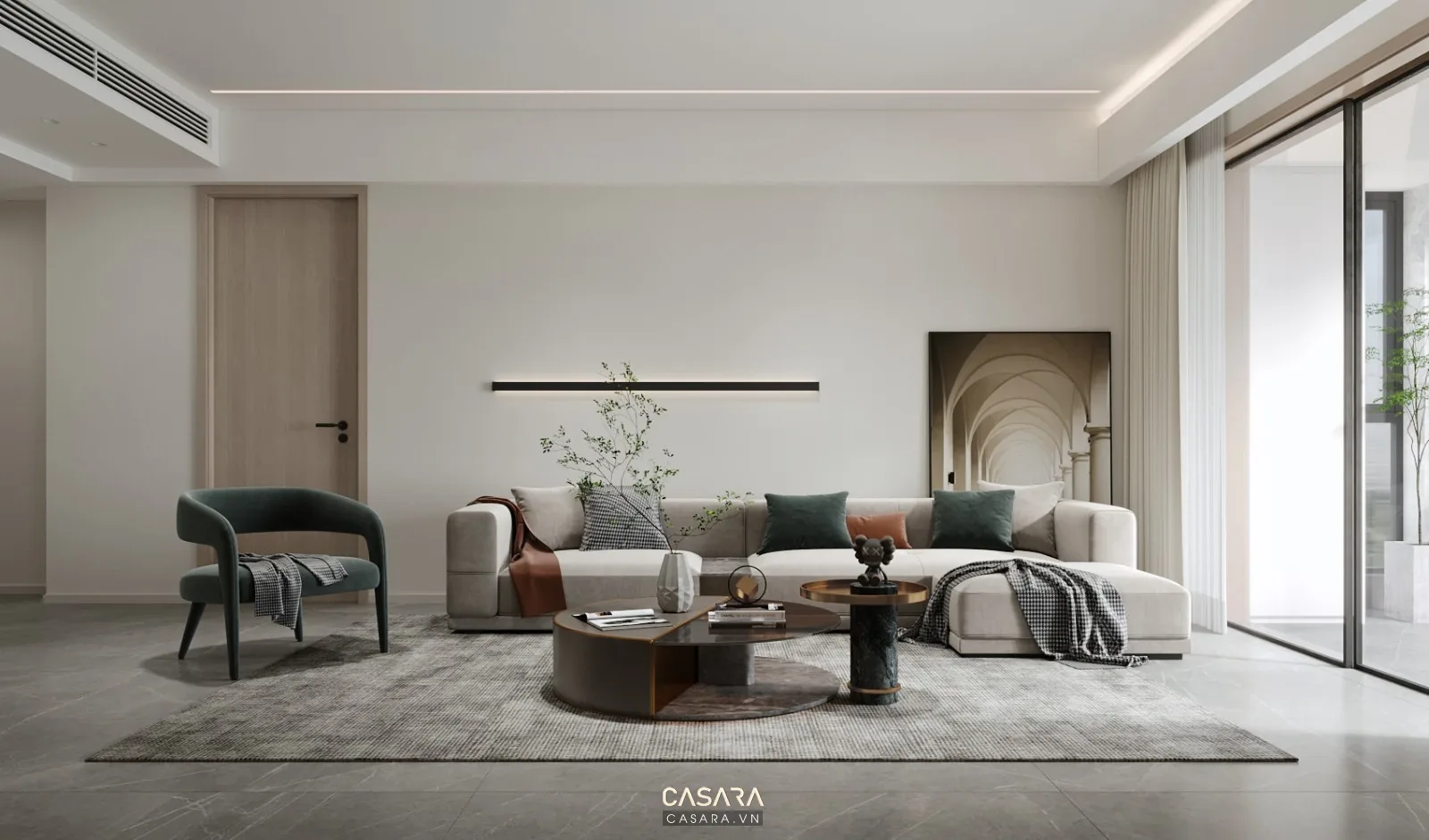 bàn trà phòng khách cao cấp mặt đá vân trắng xám với sofa da kem trong biệt thự hiện đại