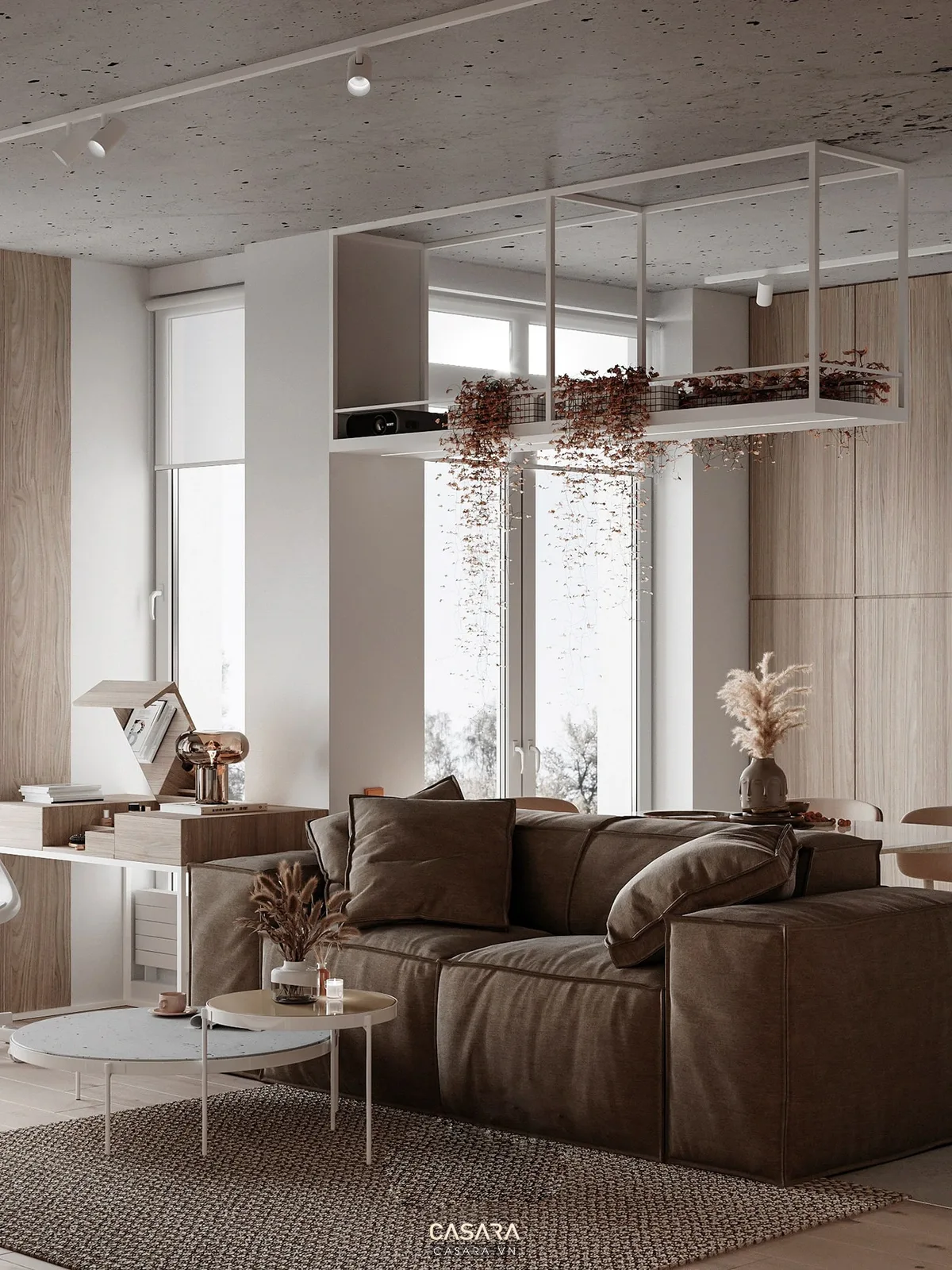 bàn trà phòng khách cao cấp trong nhà phố sang trọng với sofa da nâu, mặt đá tối màu, thảm xám và đèn ấm
