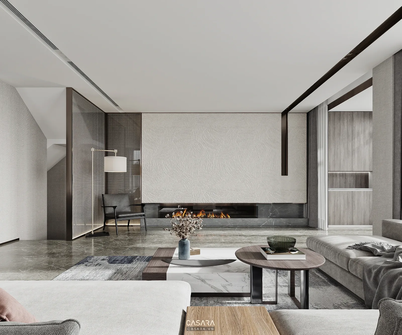 phòng khách chung cư The Emerald sofa kệ tivi gỗ hiện đại