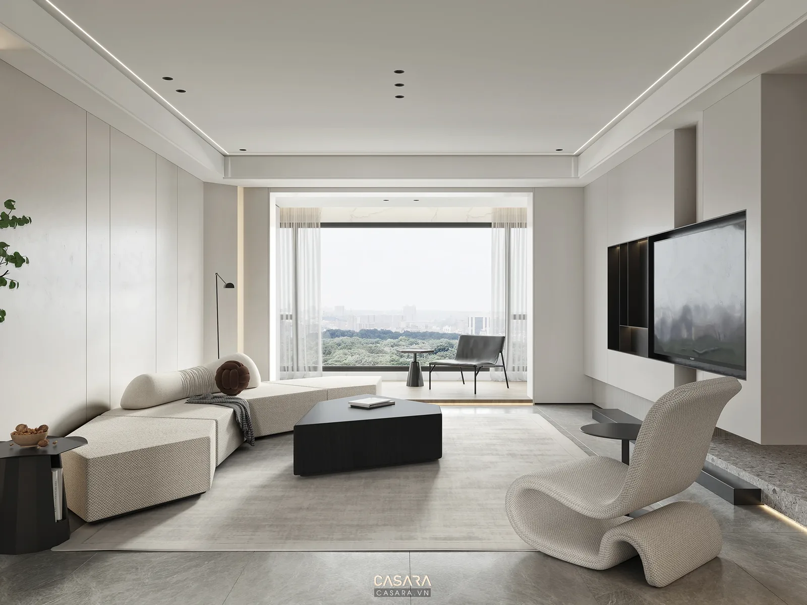 Phòng khách tân cổ điển sáng màu với sofa, vách tivi và đèn trang trí cho chủ đề nội thất cổ điển. nội thất cổ điển phòng khách phòng ngủ bếp ăn vật liệu sang trọng thiết kế thi công Casara https://casara.vn/