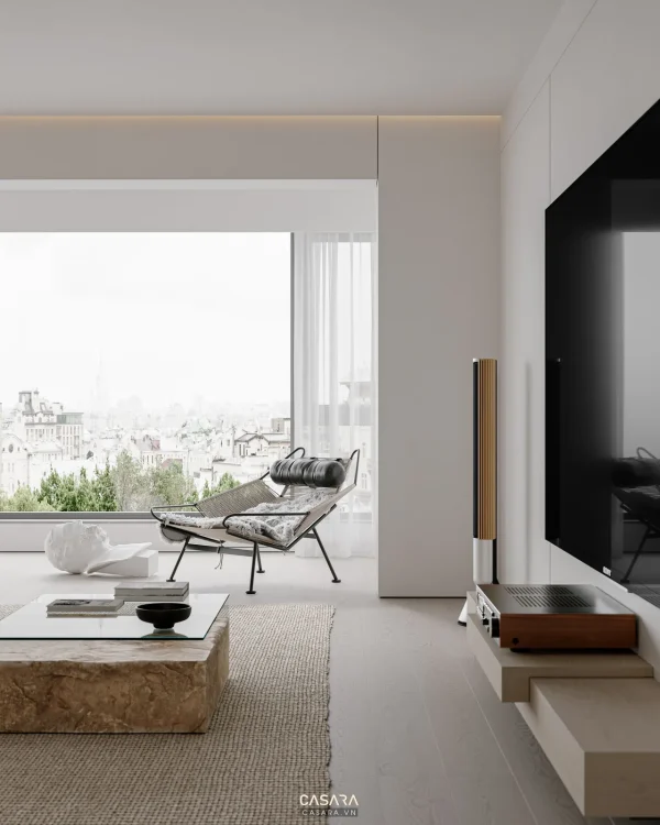 Ảnh phòng khách phong cách hiện đại tối ưu công năng với sofa, bàn trà, vách tivi, tủ kệ và ánh sáng tự nhiên trong thư viện Casara.