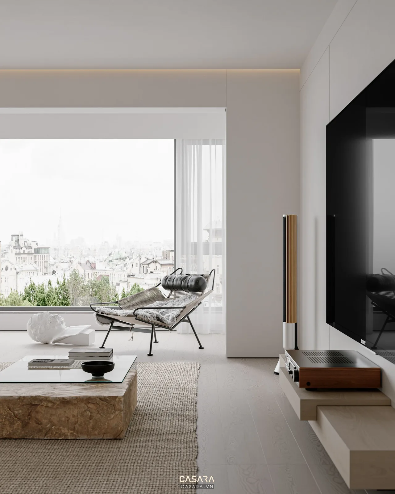 Ảnh phòng khách phong cách hiện đại tối ưu công năng với sofa, bàn trà, vách tivi, tủ kệ và ánh sáng tự nhiên trong thư viện Casara.