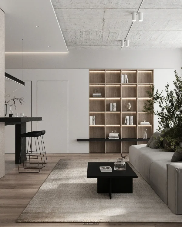 Ảnh phòng khách phong cách luxury gỗ tự nhiên với sofa, bàn trà, vách tivi, tủ kệ và ánh sáng tự nhiên trong thư viện Casara.