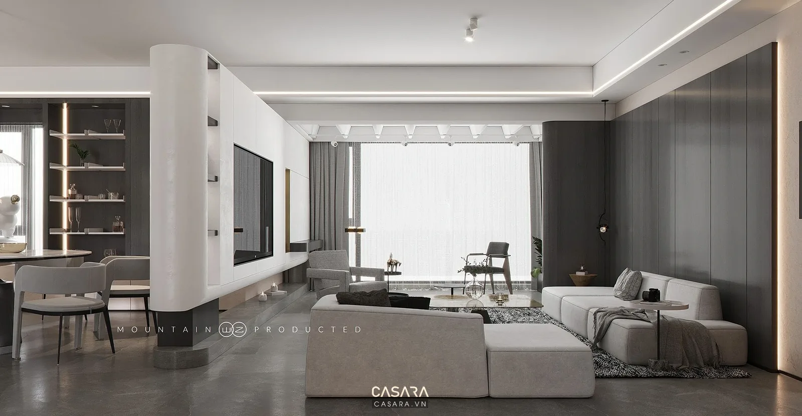 bàn trà phòng khách bằng gỗ vân sáng đồng bộ với kệ tivi gỗ và sofa vải xám trong phòng khách gia đình