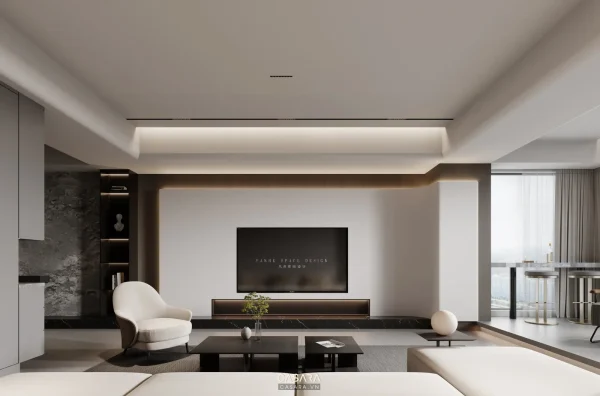 Ảnh phòng khách phong cách melamine nâu ấm với sofa, bàn trà, vách tivi, tủ kệ và ánh sáng tự nhiên trong thư viện Casara.