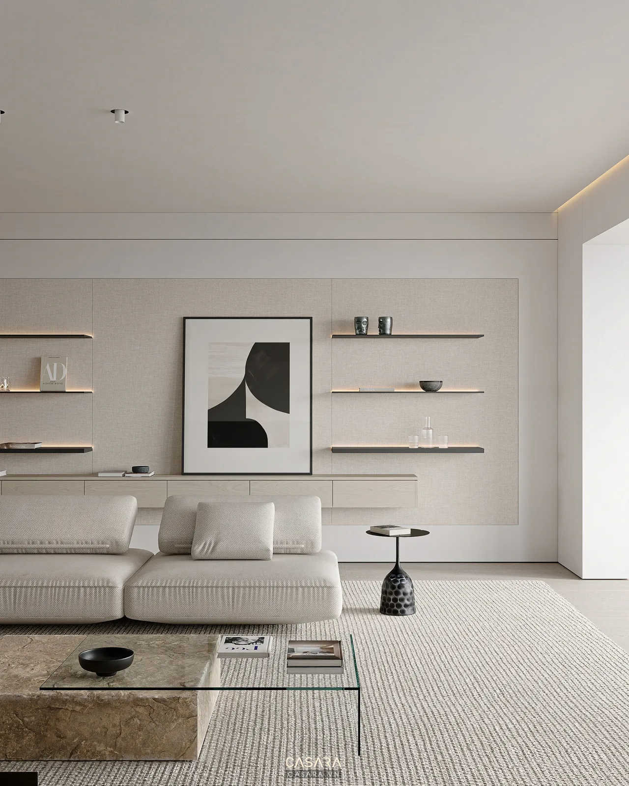 phòng khách chung cư đẹp sofa chữ I kệ tivi thấp