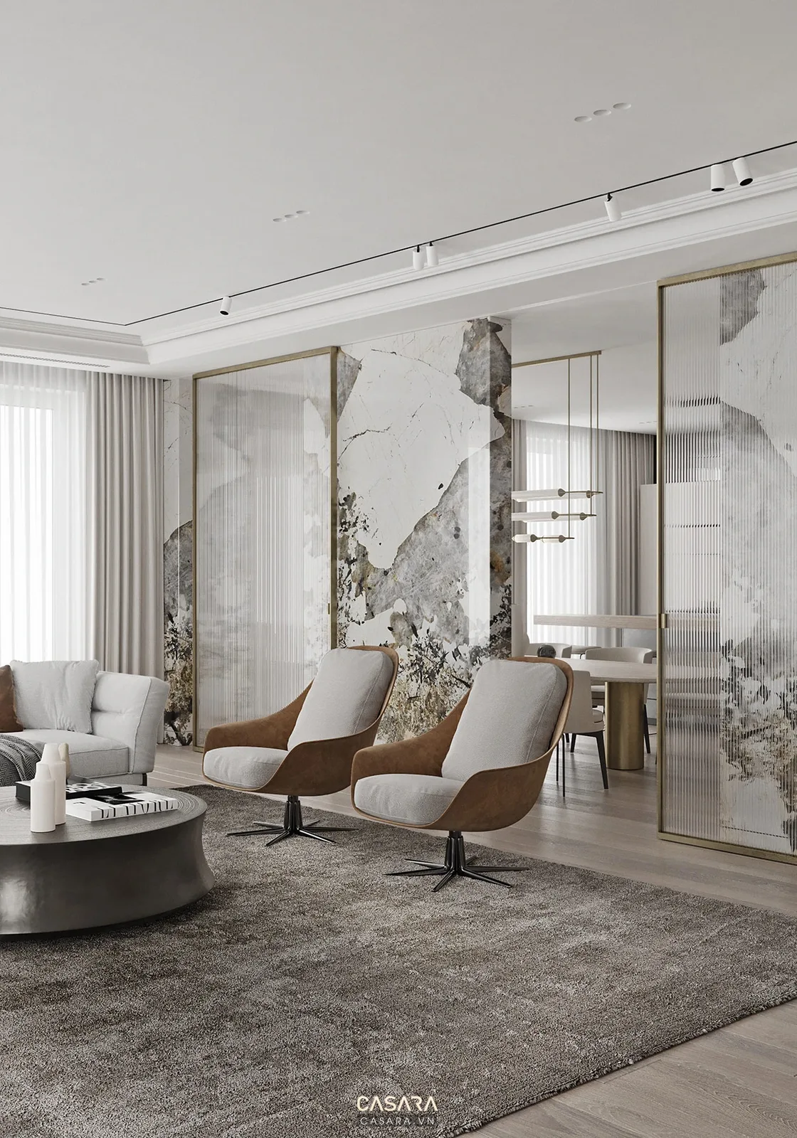 Ảnh phòng khách phong cách sang trọng đá marble với sofa, bàn trà, vách tivi, tủ kệ và ánh sáng tự nhiên trong thư viện Casara.