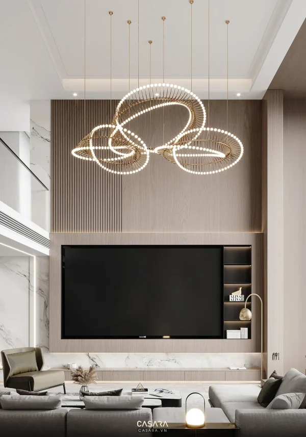 Ảnh phòng khách phong cách tân cổ điển nhà phố với sofa, bàn trà, vách tivi, tủ kệ và ánh sáng tự nhiên trong thư viện Casara.