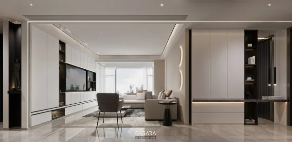 Phòng khách tông kem với sofa, bàn trà, vách tivi và hệ tủ kệ lớn