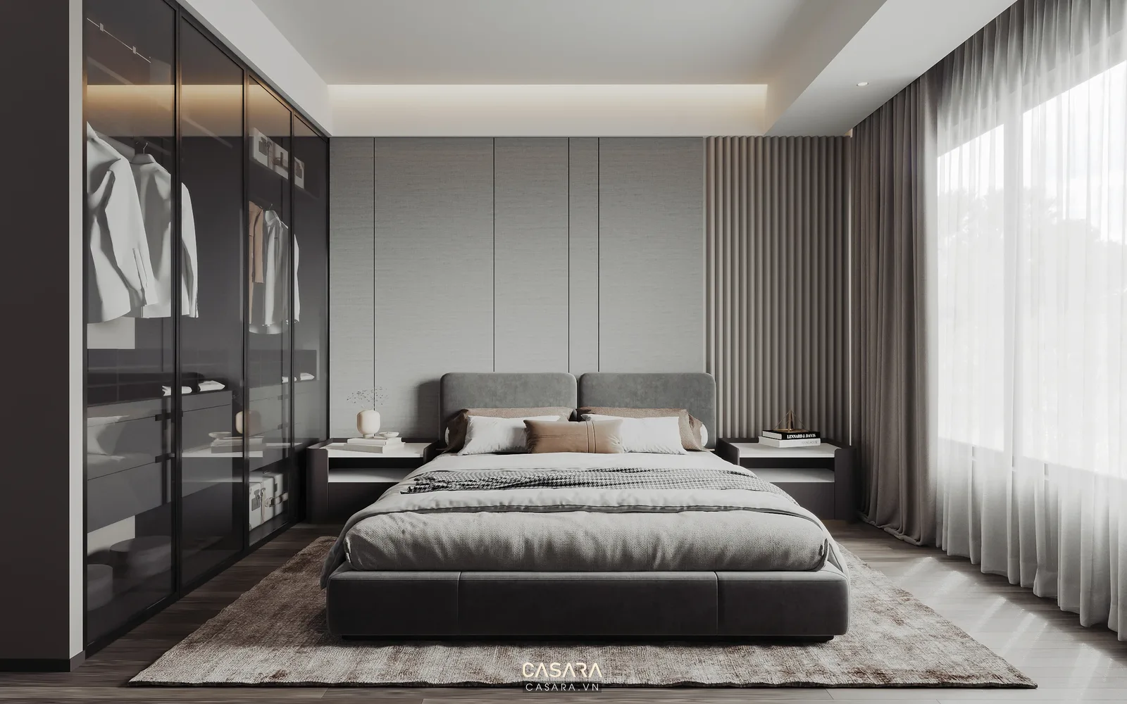 Phòng ngủ căn hộ luxury có đầu giường bọc vải và đèn hắt ấm