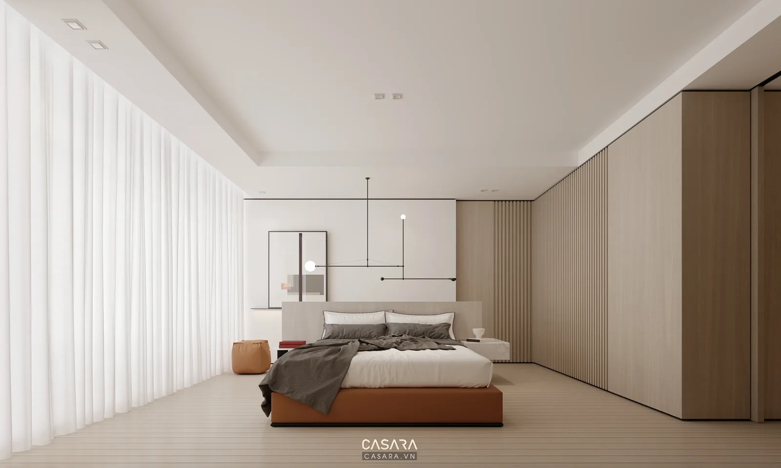 Giường bọc nệm và tủ áo gỗ giúp phòng cưới có điểm chính êm và cân đối.