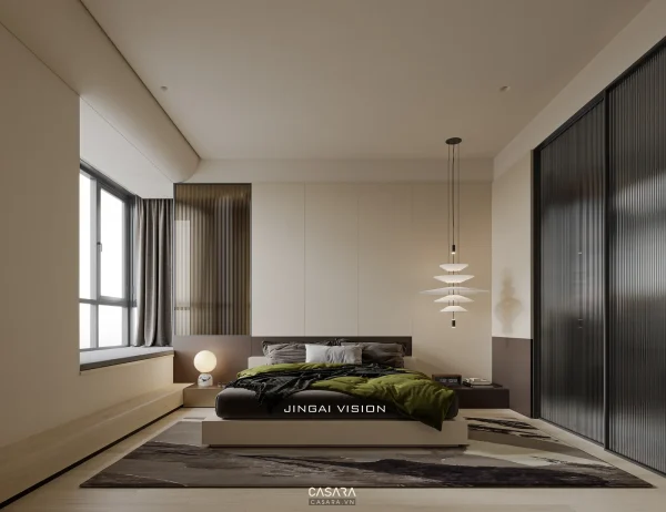 Ảnh phòng ngủ với giường lớn, vách đầu giường, rèm cửa và tủ áo trong thư viện Casara.