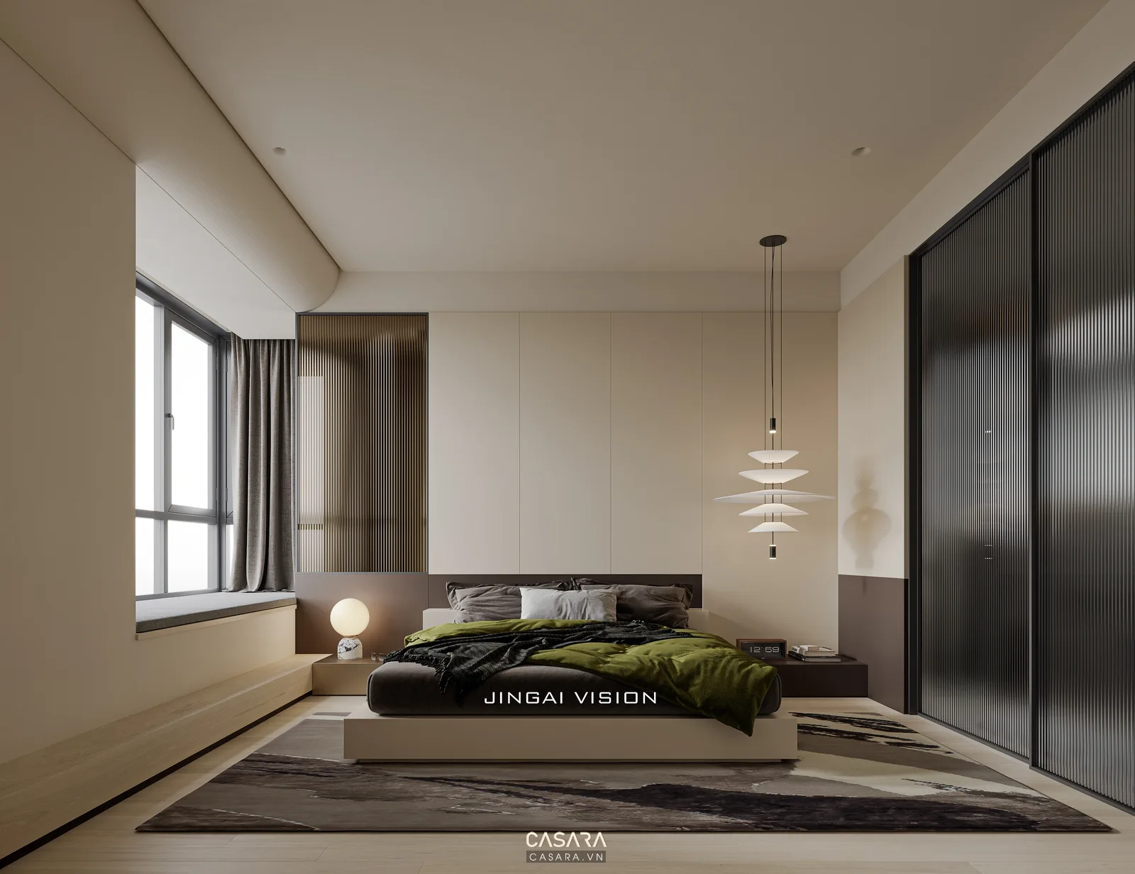 Ảnh phòng ngủ với giường lớn, vách đầu giường, rèm cửa và tủ áo trong thư viện Casara.