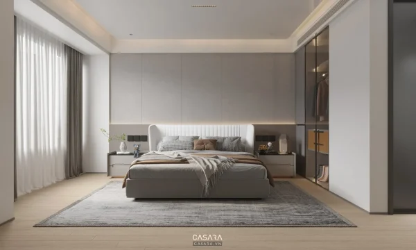 Phòng ngủ vợ chồng đẹp phong cách Bắc Âu với giường lớn, rèm sáng và tủ áo gọn