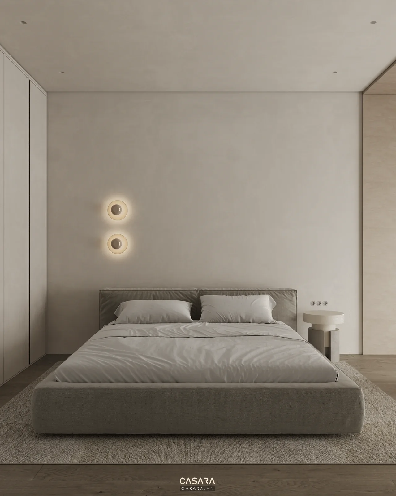 giường ngủ trong thiết kế chung cư mini 40m2 có tủ áo cao kịch trần và lối đi gọn