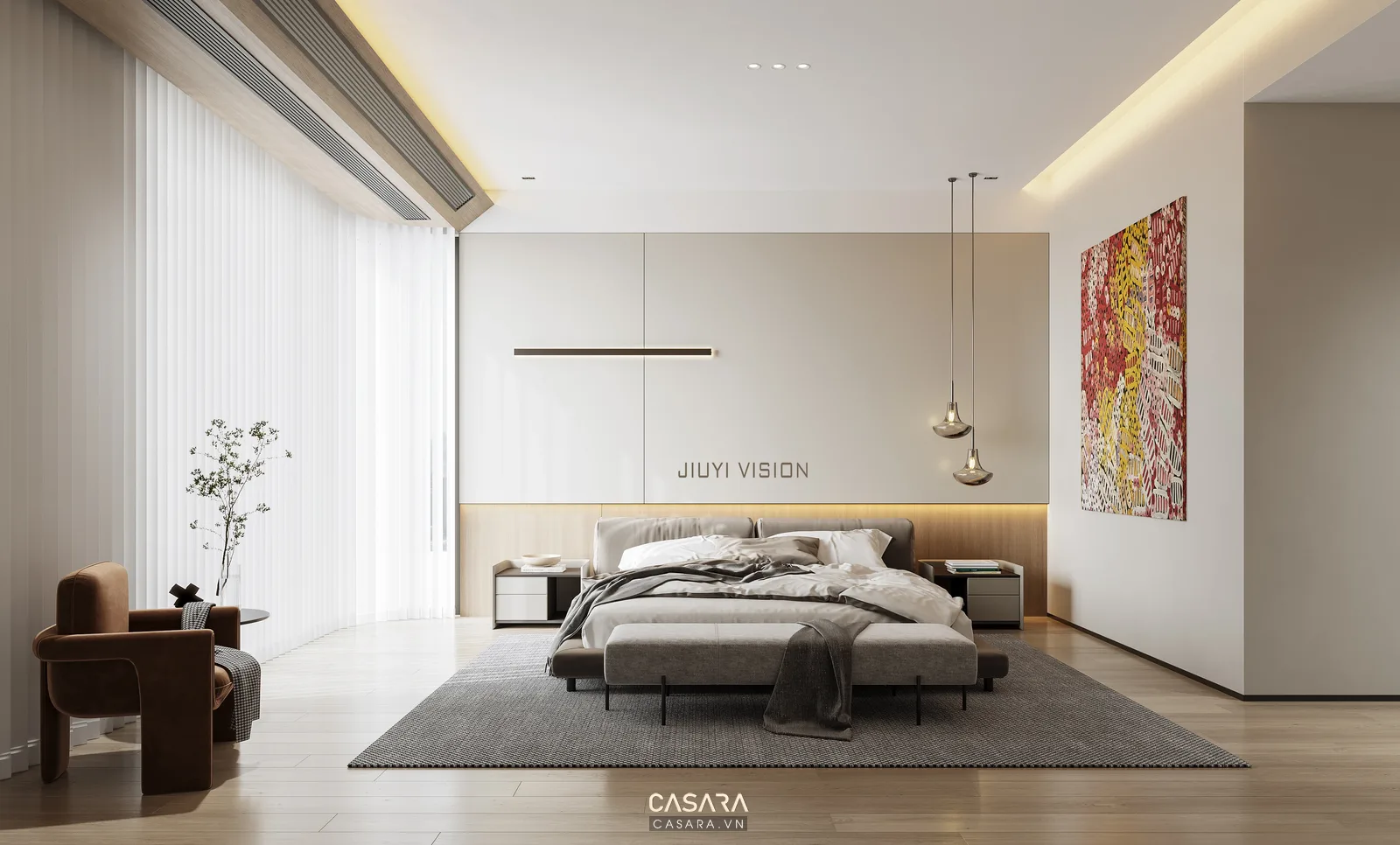 Phòng ngủ vợ chồng cao cấp với giường lớn, tủ áo và ánh sáng nhiều lớp